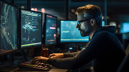 Portrait of a focused software developer with beard at his workstation in office coding for programming