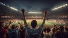 Back View Of Football, Soccer Fans Cheering Their Team At Crowded Stadium At Night Time. Football Fans Celebrating A Victory In Stadium. Concept Of Sport
