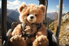 Teddy Bear On An Open Cable Car In The Mountains. Winter Family Vacantion. Christmas Celebration And Winter Holidays. Winter Fun And Outdoor Activities With Kids
