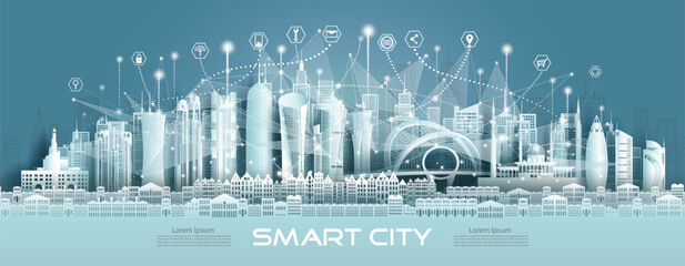 Wall Mural - Technology wireless mesh geometric network communication icon smart city with architecture in Doha Qatar.