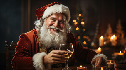 happy Santa Claus drinking whiskey out of a glass while sitting by a Christmas tree