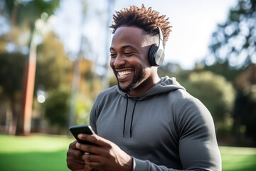 Wall Mural - Happy fit sporty young black man sitting in workout park