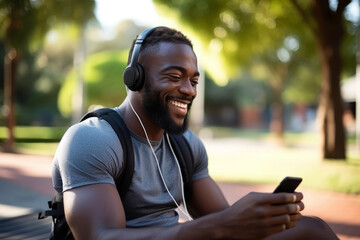 Happy fit sporty young black man sitting in workout park