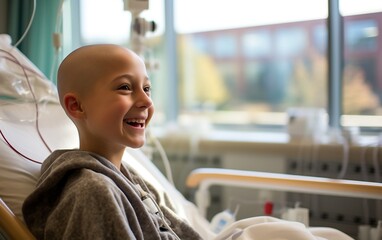 Boy Smiling in a Cancer Hospital Bed. Generative AI