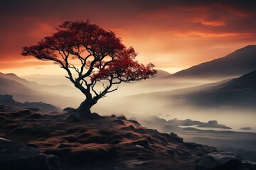 Wall Mural - un arbre solitaire assis au sommet d'une colline, avec une brume mystérieuse en arrière plan , ia