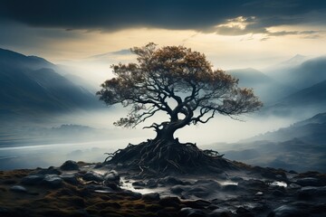 Sticker - un arbre solitaire assis au sommet d'une colline, avec une brume mystérieuse en arrière plan , ia