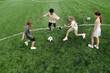 © pressmaster - Group of intercultural schoolchildren following soccer ball while running along green football field during game or lesson of physical training