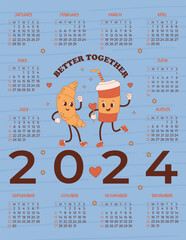 Wall Mural - Cool coffee annual calendar 2024 Cute retro couple coffee in paper cup and croissant. Vector vertical template 12 months in English. Week starts on Sunday. Stationery, printing, organizer, decor