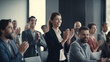 © Unique Creations - Conference, team of coworkers clapping hands for success of presentation  Support, achievement and diverse group of people applauding together in business meeting.