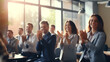 © Unique Creations - Conference, team of coworkers clapping hands for success of presentation  Support, achievement and diverse group of people applauding together in business meeting.