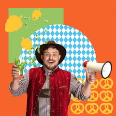 Wall Mural - Bavarian man holding mug with hops and megaphone, greeting everybody with beer fest time. Contemporary art collage. Concept of Oktoberfest, holiday, traditional festival, alcohol drink. Poster, ad