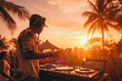 © VisualProduction - DJ mixing and playing music outdoor at festival with crowd dancing.