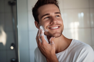 Self-care and grooming young man applying face wash