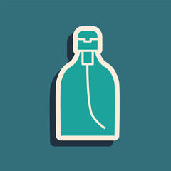 Poster - Green Bottle of liquid antibacterial soap with dispenser icon isolated on green background. Disinfection, hygiene, skin care. Long shadow style. Vector Illustration