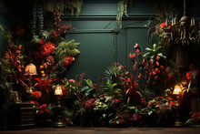 Colorful Plants On The Wall, In The Style Of Exotic Atmosphere, Dark Green And Light Crimson