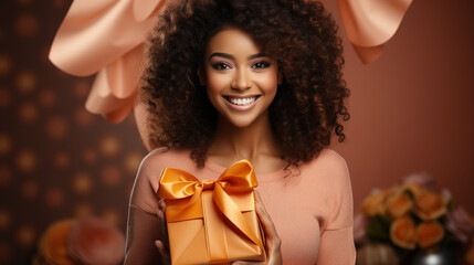 Wall Mural - Black woman, excited with gift box and celebration, special event and happiness