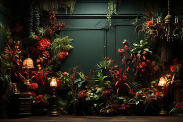 colorful plants on the wall, in the style of exotic atmosphere, dark green and light crimson