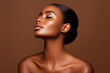 © wolfhound911 - Beautiful sensual sexy young black African ethnic woman model posing profile side face touching chin on brown background