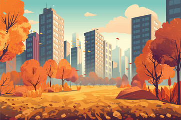 Wall Mural - Background autumn city. A captivating design capturing the essence of a cityscape adorned with vibrant autumn foliage. Vector illustration.