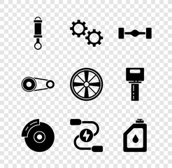 Poster - Set Shock absorber, Gear, Chassis car, Car brake disk with caliper, battery jumper power cable, Canister for motor oil, Timing belt kit and Alloy wheel icon. Vector