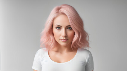 Wall Mural - Portrait of sad female with pink hair looking at camera. Isolated background with mockup. Generative AI.