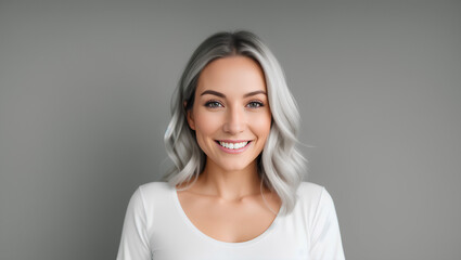 Wall Mural - Happy woman with silver, wavy hair looking at camera on isolated background with mockup. Generative AI.