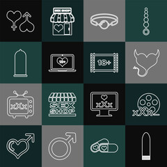 Wall Mural - Set line Dildo vibrator, Film reel with Sex, Devil heart horns, Silicone ball gag, Laptop 18 plus content, Condom safe sex, Male and female and Play Video icon. Vector