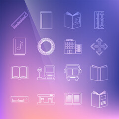 Poster - Set line Open book, Pixel arrows in four directions, Audio, Laurel wreath, Ruler and Hotel building icon. Vector