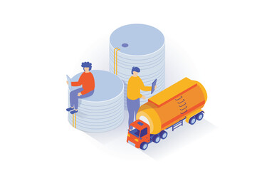 Poster - Oil industry concept in 3d isometric design. People work at petroleum storage station by tanks and car tancer for transportation fuel products. Vector illustration with isometry scene for web graphic