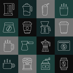 Canvas Print - Set line Bag of coffee beans, Coffee cup to go, Milkshake, Electric kettle and Pour over maker icon. Vector