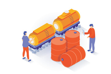 Poster - Oil industry concept in 3d isometric design. People working with tank railroad wagon for petroleum transportation and storage in barrels. Vector illustration with isometry scene for web graphic