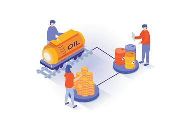 Poster - Oil industry concept in 3d isometric design. People selling petroleum products in barrels and tank railroad wagon to export and earning money. Vector illustration with isometry scene for web graphic