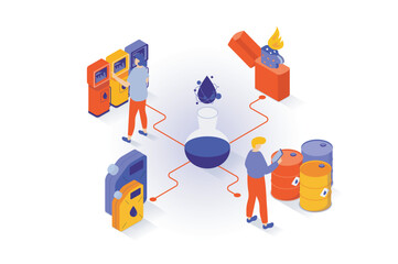 Poster - Oil industry concept in 3d isometric design. People researching product in test tubes in lab, storage at barrels, transporting for gas station. Vector illustration with isometry scene for web graphic