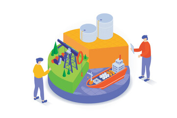 Oil industry concept in 3d isometric design. People working in fuel business with plant station with machinery for production, storage, ship. Vector illustration with isometry scene for web graphic