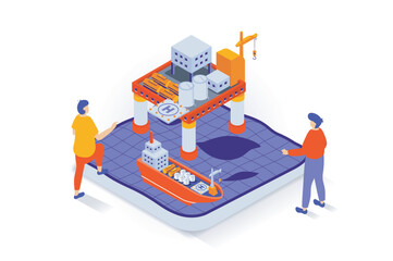 Poster - Oil industry concept in 3d isometric design. People at petroleum extraction factory with machinery platform for manufacturing and shipping. Vector illustration with isometry scene for web graphic