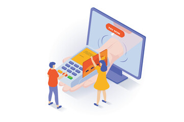 Poster - Online shopping concept in 3d isometric design. People making purchases in store webpage, ordering delivery and paying in pos terminal by card. Vector illustration with isometry scene for web graphic