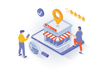 Poster - Online shopping concept in 3d isometric design. People choosing store with good rating and clients experience, make purchases and give feedback. Vector illustration with isometry scene for web graphic