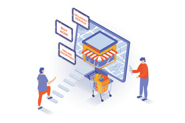 Poster - Online shopping concept in 3d isometric design. People making purchases in store webpage with advertising offers, ordering and paying in app. Vector illustration with isometry scene for web graphic