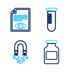 Sticker - Set line Medicine bottle, Magnet with money, Test tube or flask and Paper page eye icon. Vector