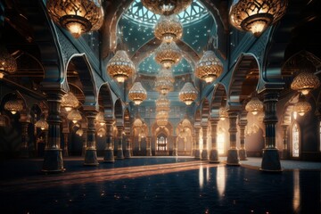 Beautiful Mosque Adorned With Ramadhan Decoration, Generative AI