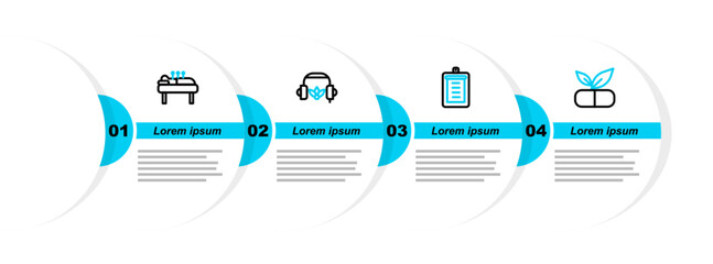 Canvas Print - Set line Medical pill with plant, Clipboard checklist, Headphones for meditation and Acupuncture therapy icon. Vector