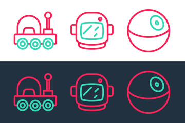 Poster - Set line Planet, Mars rover and Astronaut helmet icon. Vector