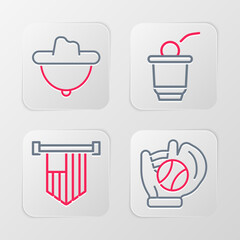 Poster - Set line Baseball glove with ball, American flag, Beer pong game and Western cowboy hat icon. Vector