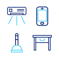 Poster - Set line Furniture nightstand, Rubber plunger, Mobile phone and Air conditioner icon. Vector