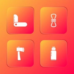 Poster - Set Swiss army knife, Climber rope, Wooden axe and Canteen water bottle icon. Vector