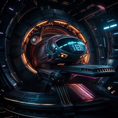 Wall Mural - spaceship inside a space station hangar, generative AI illustration, science fiction scenery, these depiction is fictitious and generated