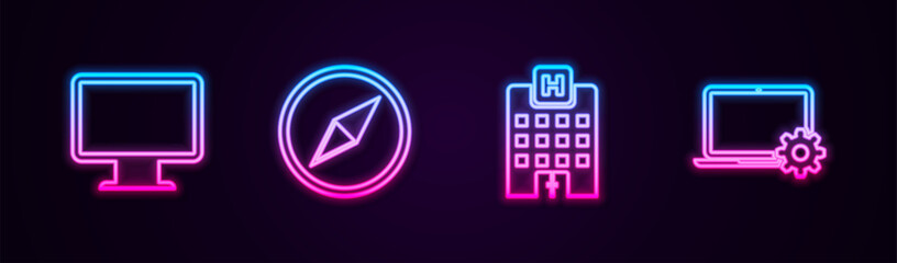 Canvas Print - Set line Computer monitor screen, Wind rose, Medical hospital building and Laptop and gear. Glowing neon icon. Vector