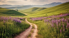 Road Among The Hills Overgrown With Grass Grass And Lilac Sage Flowers. 