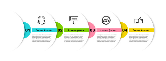 Sticker - Set line Headphones, Information, Five stars rating review and Hand thumb up. Business infographic template. Vector