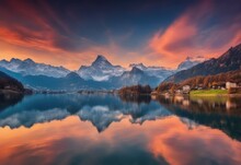 Fantastic Evening Mountain Landscape, Picturesque Autumn Sunset In Swiss Alps